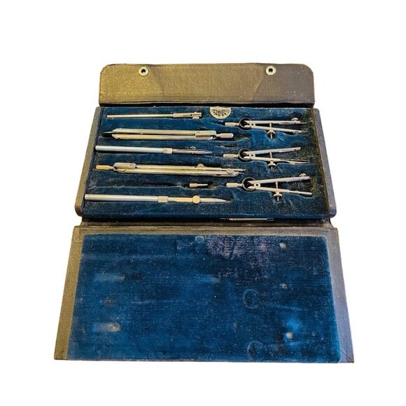 Vintage ATECO Drafting Compass Set 8 Piece Metal Case Made in USA for Architects - Picture 1 of 11